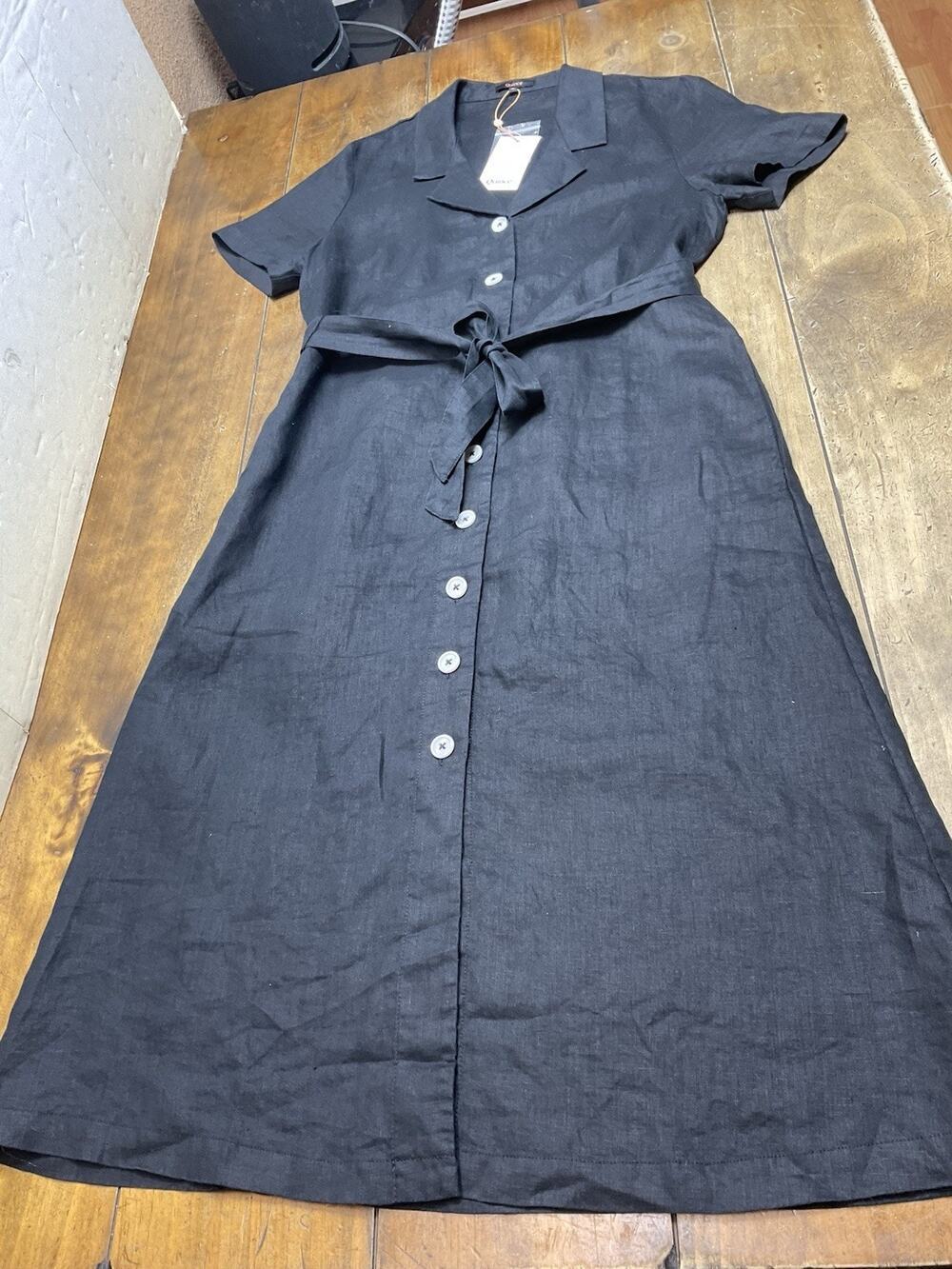 Quince 100% European Linen Button Front Dress Black Basic Sleeved M